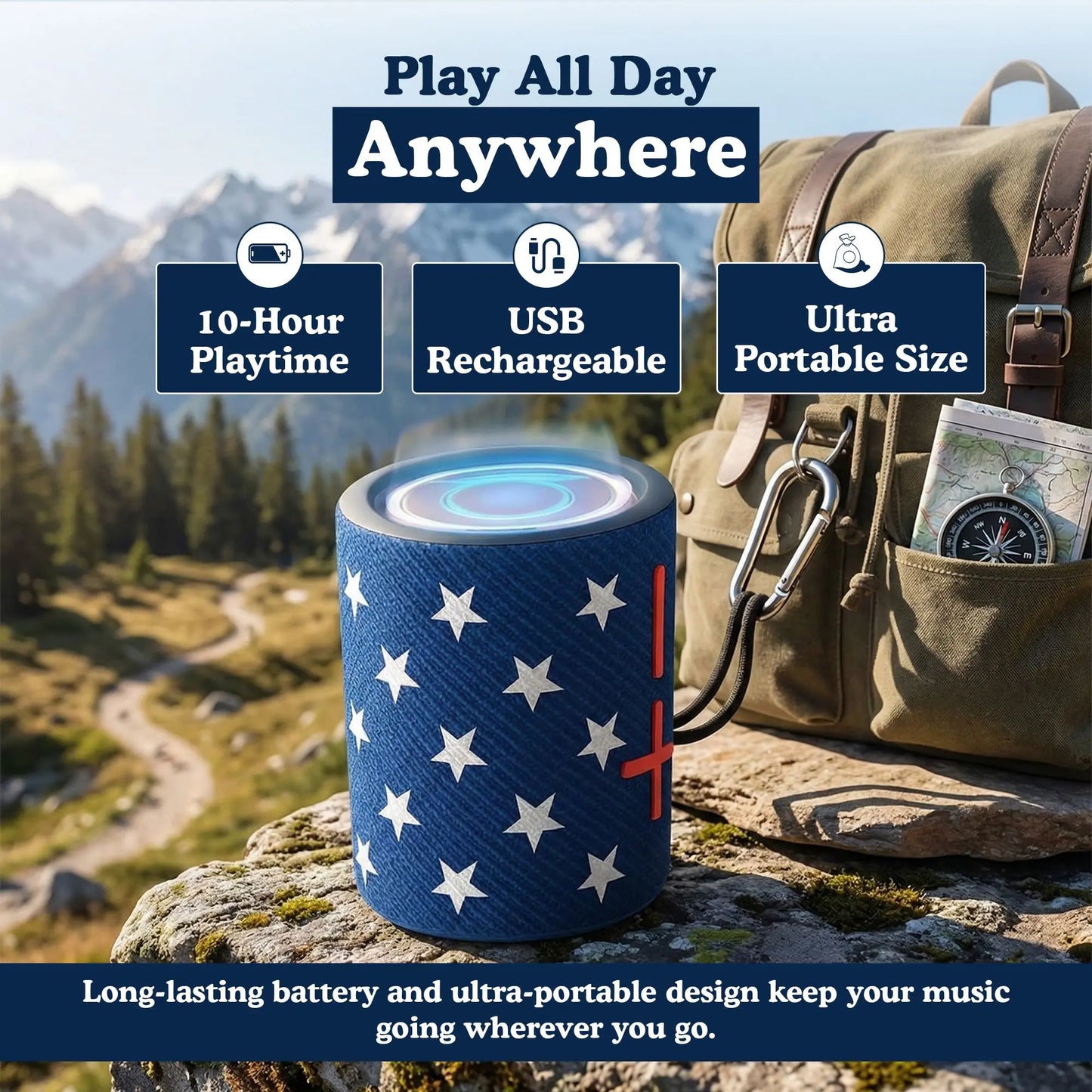 Magnetic Portable Bluetooth Speaker 2-In-1 Wireless Mini Speaker with American Flag Print & IPX5 Waterproof Compact Audio Smartphone Metal