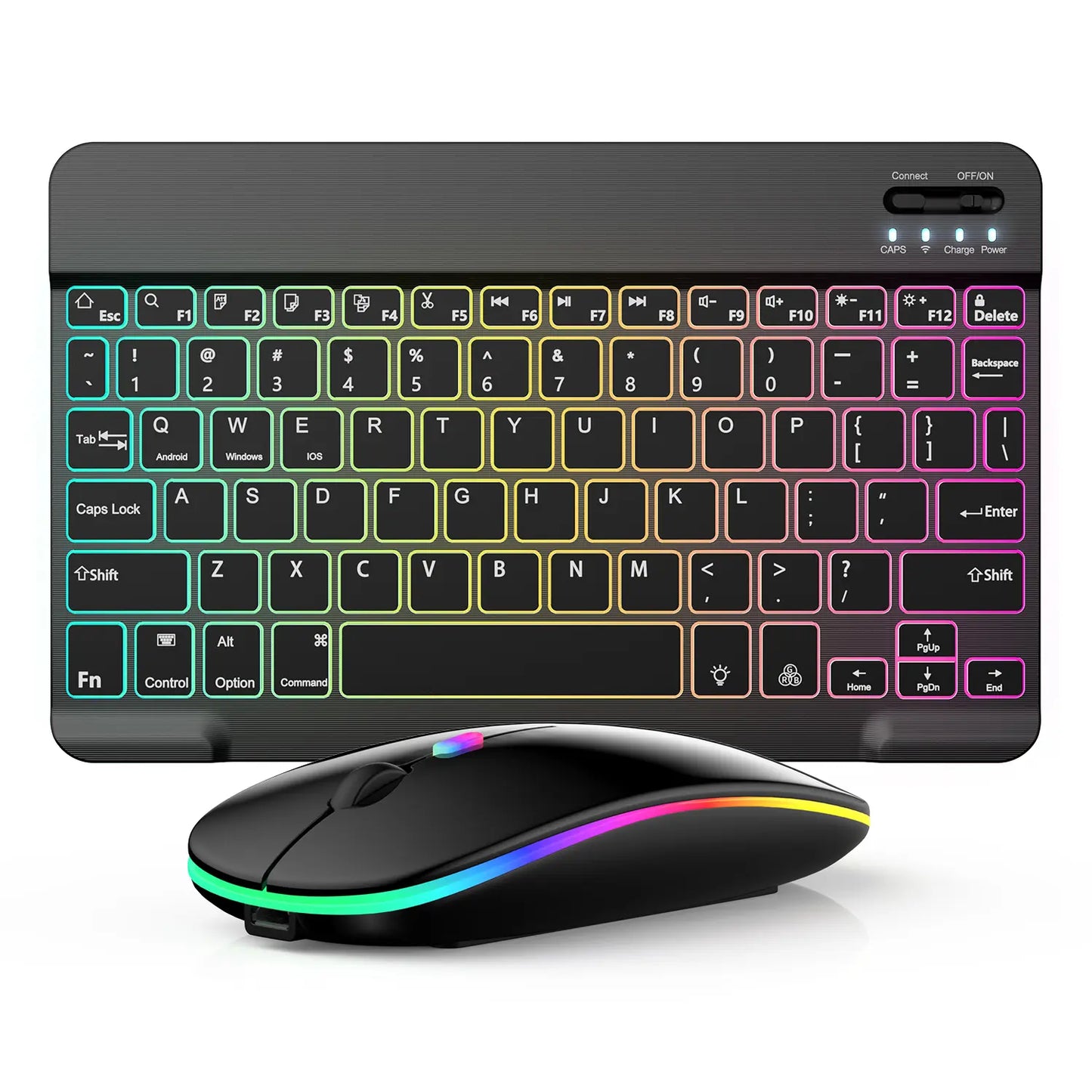 Rechargeable Bluetooth Keyboard and Mouse Combo, Ultra Slim 7-Color Backlit Wireless Set, Dual Mode Bluetooth Mouse, Portable Lightweight Design, Universal Compatibility for Ios, Android, Windows, Tablet, Phone, Home Office Daily Use