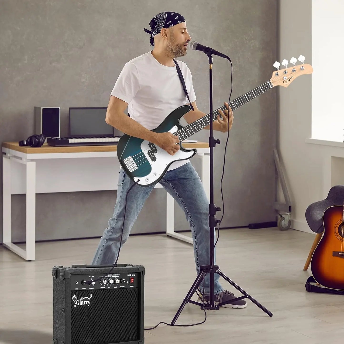 [Summervibes] GLARRY Full Size Electric Bass Guitar with 20W AMP, 4 String Beginner Starter Kit with Accessories Including Cable, Strap, Bag for Kids and Adults