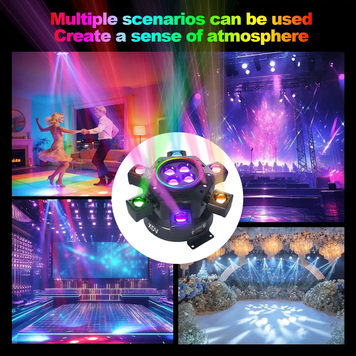 XDV 150W 6 Arms Moving Head DJ Light – RGBW Stage Light with DMX-512 & Sound Active for Parties, Weddings & Events