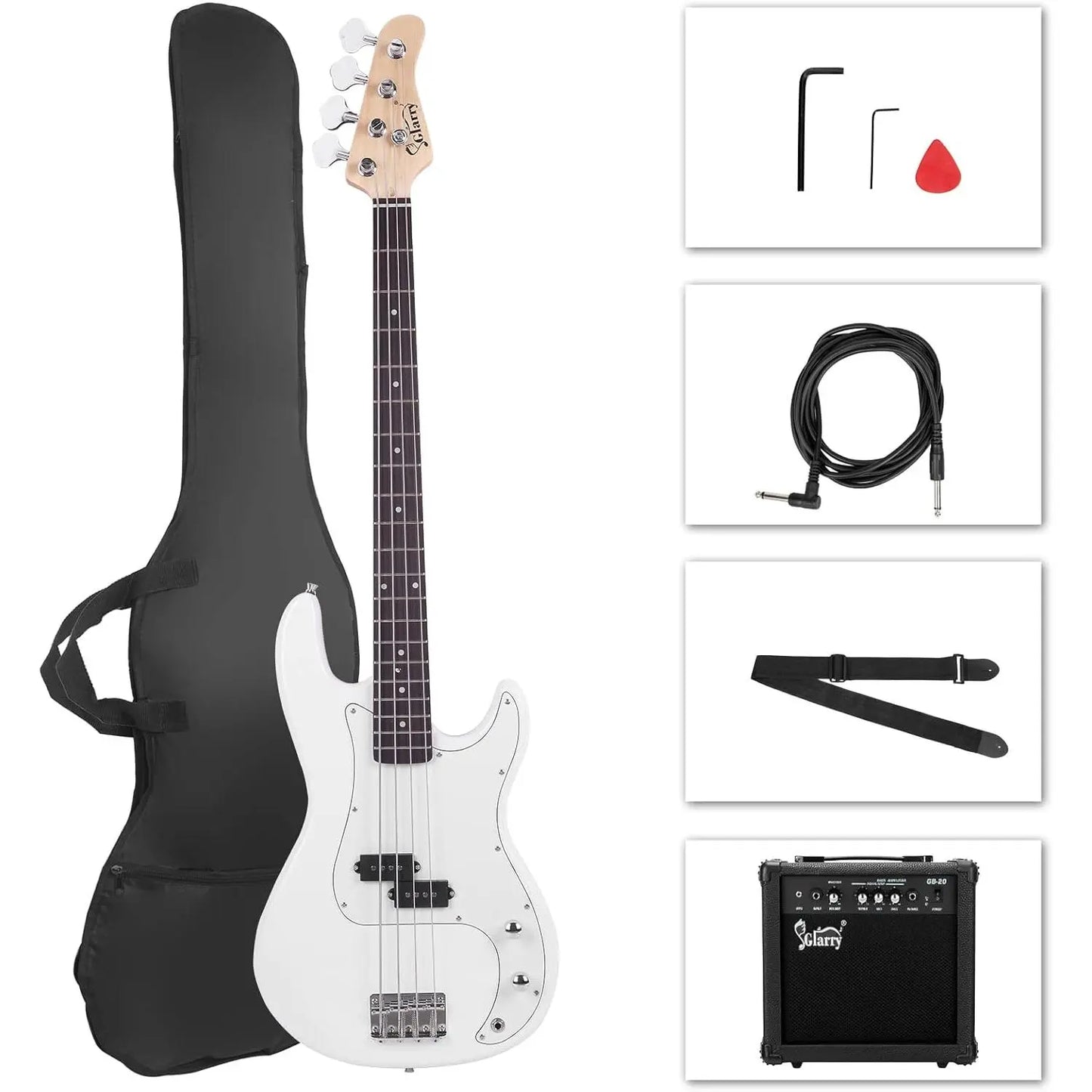 [Summervibes] GLARRY Full Size Electric Bass Guitar with 20W AMP, 4 String Beginner Starter Kit with Accessories Including Cable, Strap, Bag for Kids and Adults