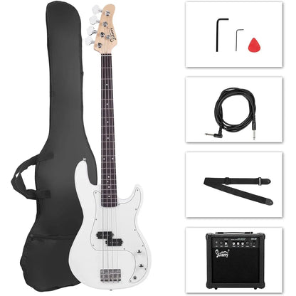 [Summervibes] GLARRY Full Size Electric Bass Guitar with 20W AMP, 4 String Beginner Starter Kit with Accessories Including Cable, Strap, Bag for Kids and Adults