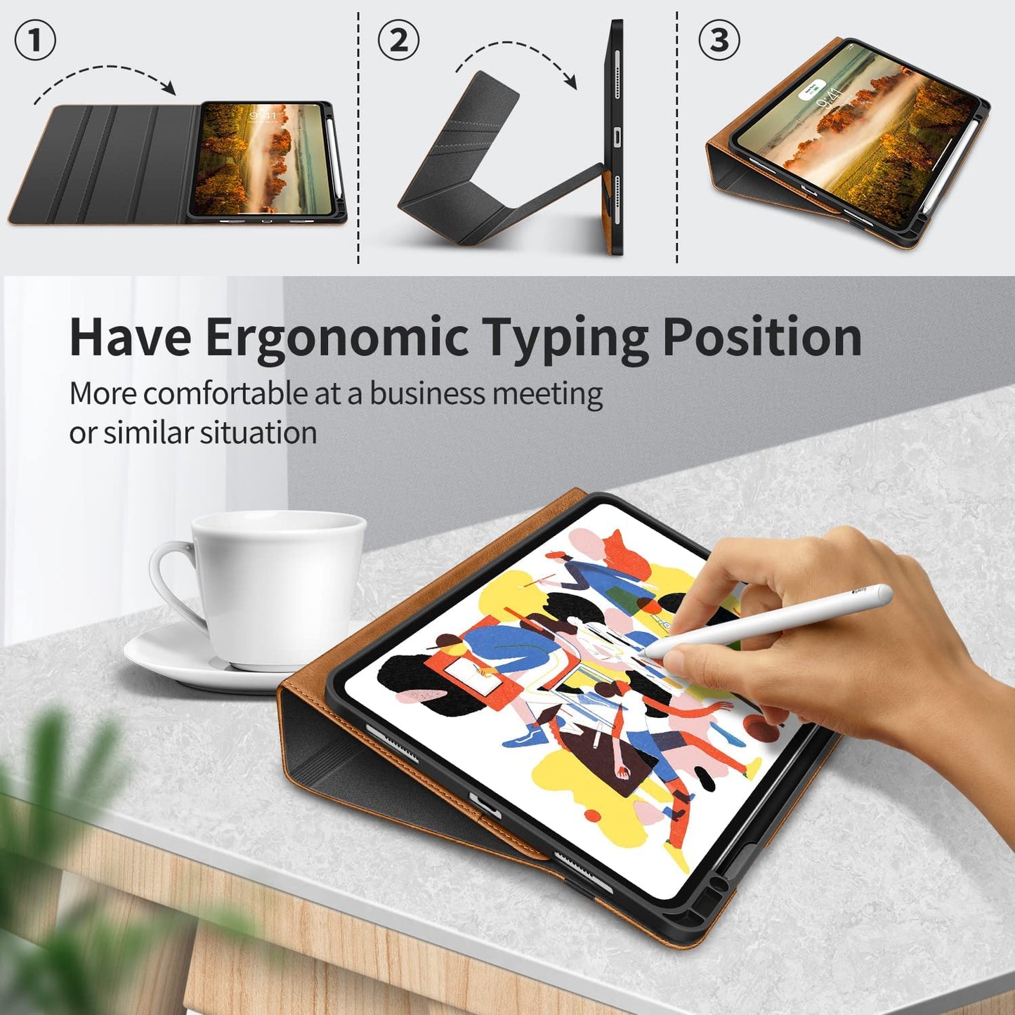 Case for Ipad Pro 12.9 2022 6Th/5Th/4Th/3Rd Generation with Pencil Holder Pocket Folio Stand Cover Soft TPU Back Shockproof, Auto Sleep/Wake,Vegan Leather