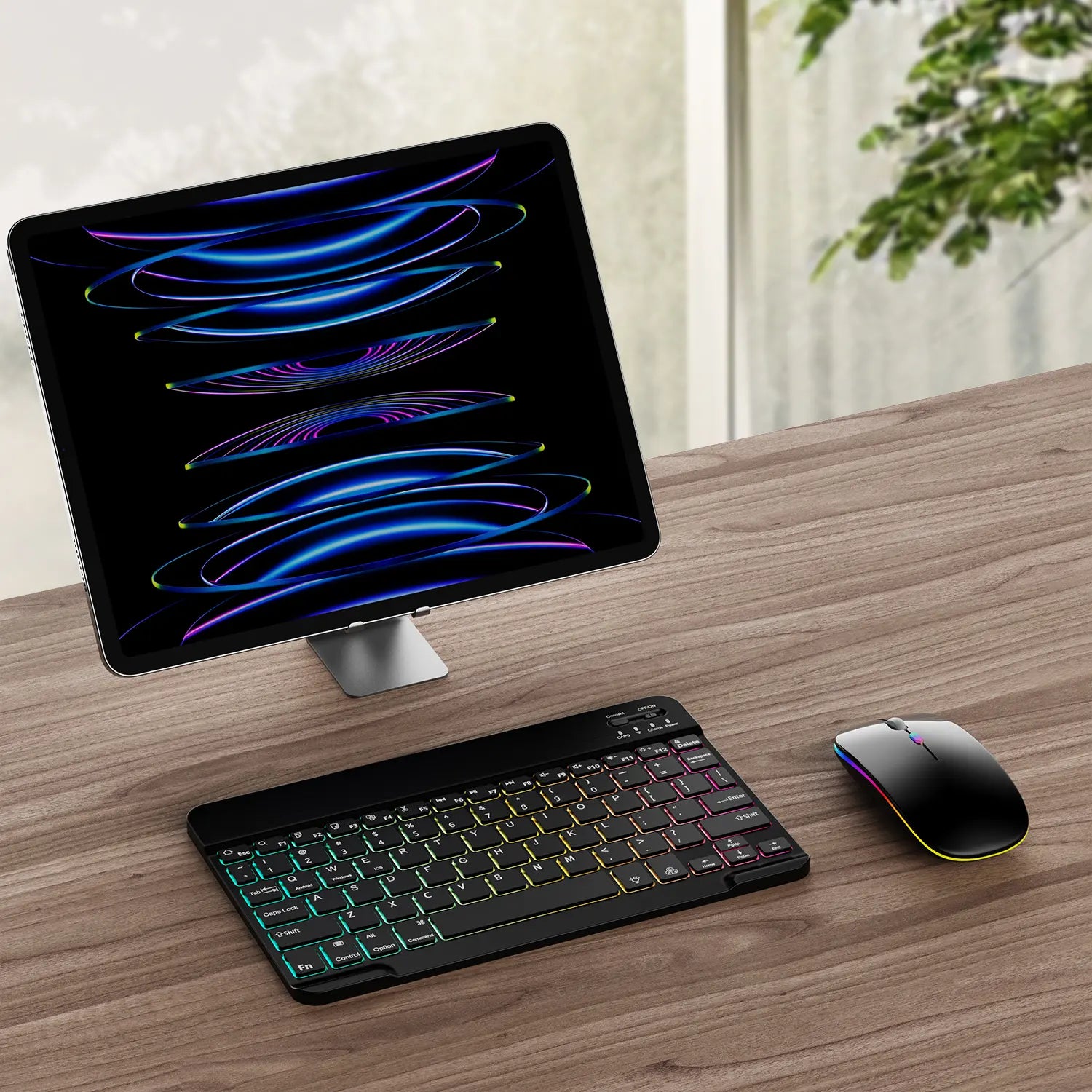 Rechargeable Bluetooth Keyboard and Mouse Combo, Ultra Slim 7-Color Backlit Wireless Set, Dual Mode Bluetooth Mouse, Portable Lightweight Design, Universal Compatibility for Ios, Android, Windows, Tablet, Phone, Home Office Daily Use
