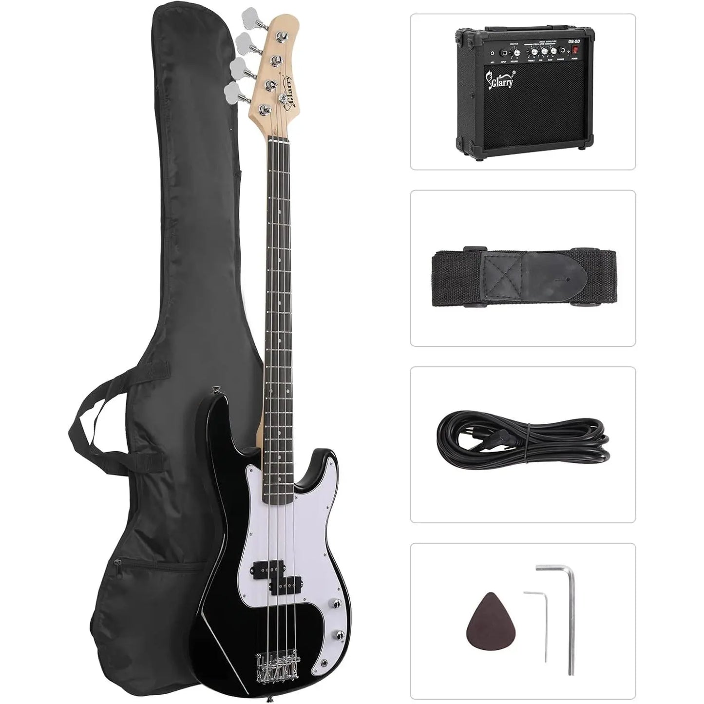 [Summervibes] GLARRY Full Size Electric Bass Guitar with 20W AMP, 4 String Beginner Starter Kit with Accessories Including Cable, Strap, Bag for Kids and Adults