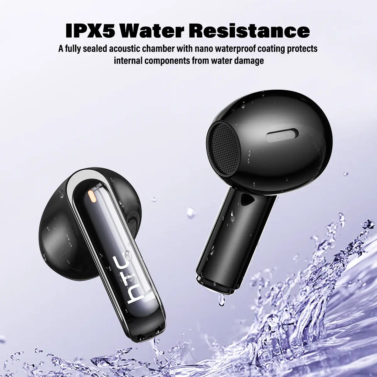 HTC NE70 TWS Earbuds, Bluetooth 6.0 Headphones, Wireless Earbuds with LED Smart Touch Control, Lightweight In-Ear Design, IPX5 Waterproof, Suitable for Gaming, Office Work, Sports, Studying, and Voice Calls, Built-In Microphone