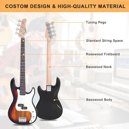 [Summervibes] GLARRY Full Size Electric Bass Guitar with 20W AMP, 4 String Beginner Starter Kit with Accessories Including Cable, Strap, Bag for Kids and Adults