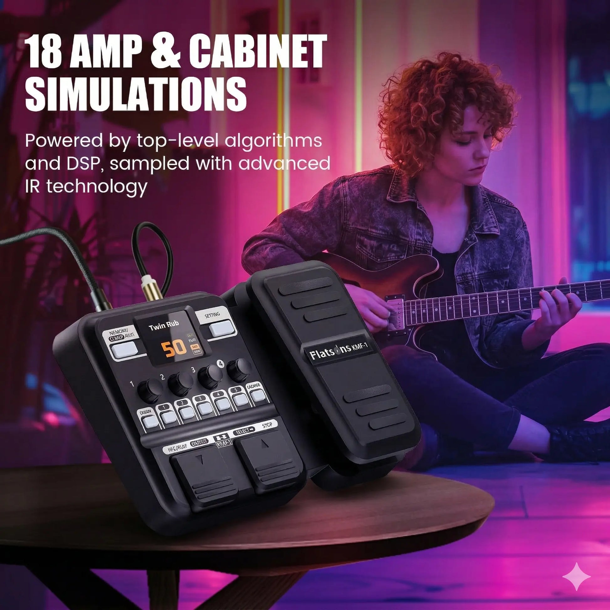Flatsons-Kmf-1 Guitar Pedal, 77 Effects Guitar Multi Effects Pedal with 50 Preset, 42 Drum Rhythm, 18 Amp/Cab, Upgraded Color Screen, Aux In, Guitar Tuner Looper Expression Wah Volume Distortion Pedal