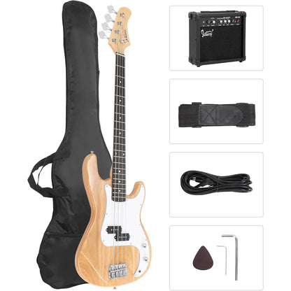 [Summervibes] GLARRY Full Size Electric Bass Guitar with 20W AMP, 4 String Beginner Starter Kit with Accessories Including Cable, Strap, Bag for Kids and Adults