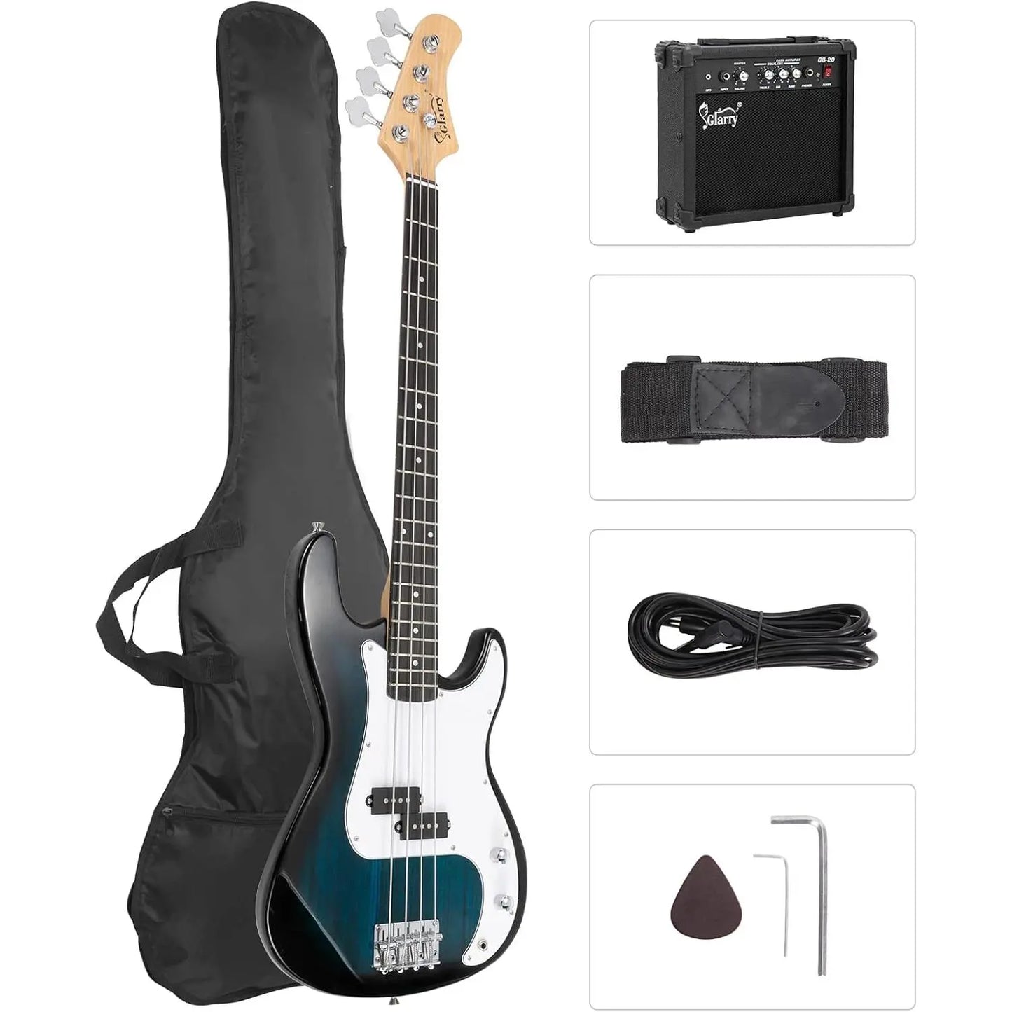 [Summervibes] GLARRY Full Size Electric Bass Guitar with 20W AMP, 4 String Beginner Starter Kit with Accessories Including Cable, Strap, Bag for Kids and Adults