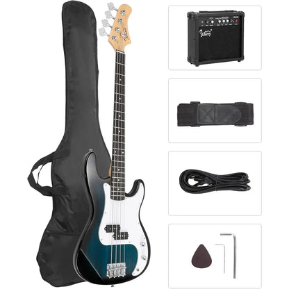 [Summervibes] GLARRY Full Size Electric Bass Guitar with 20W AMP, 4 String Beginner Starter Kit with Accessories Including Cable, Strap, Bag for Kids and Adults