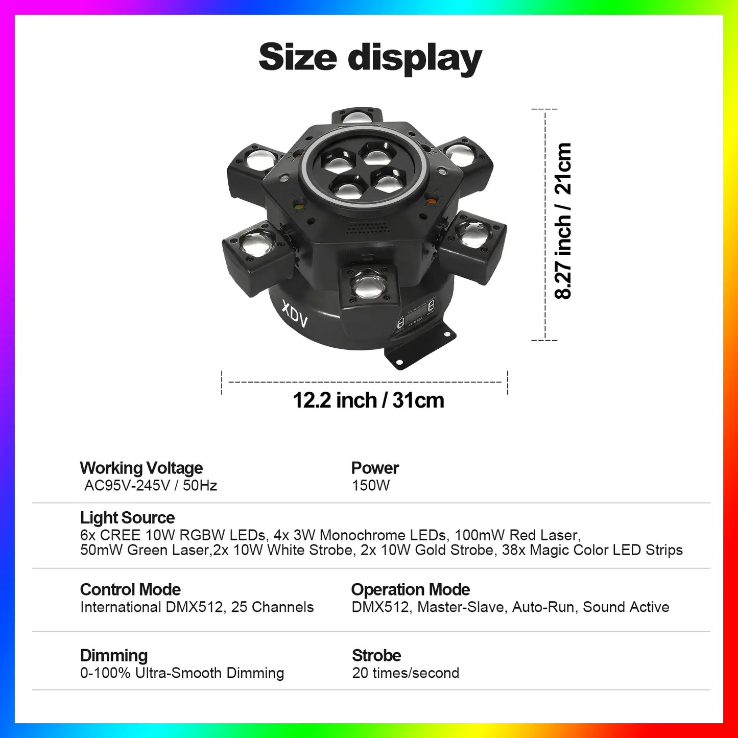XDV 150W 6 Arms Moving Head DJ Light – RGBW Stage Light with DMX-512 & Sound Active for Parties, Weddings & Events