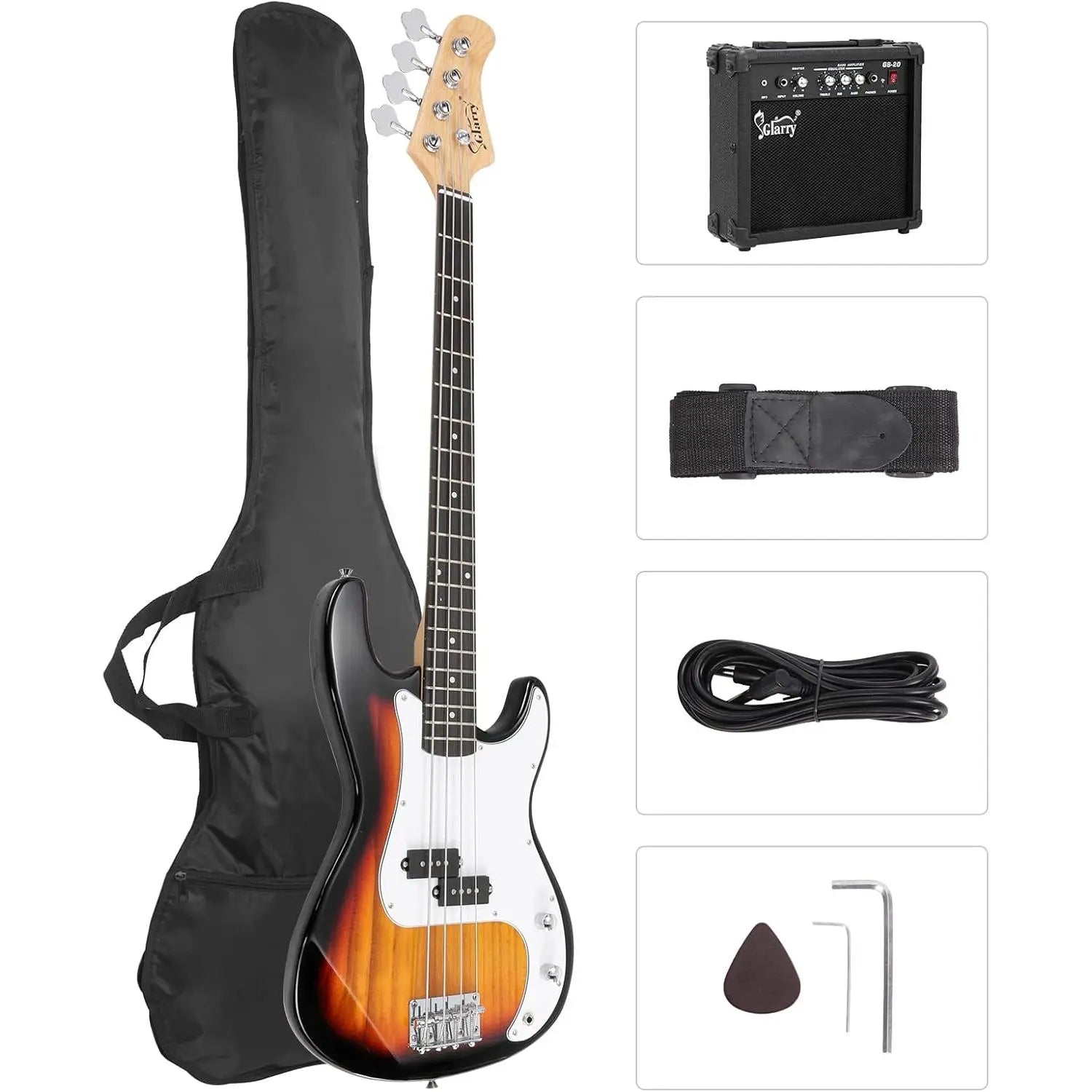 [Summervibes] GLARRY Full Size Electric Bass Guitar with 20W AMP, 4 String Beginner Starter Kit with Accessories Including Cable, Strap, Bag for Kids and Adults