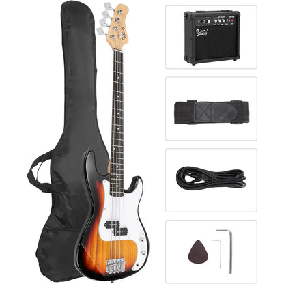 [Summervibes] GLARRY Full Size Electric Bass Guitar with 20W AMP, 4 String Beginner Starter Kit with Accessories Including Cable, Strap, Bag for Kids and Adults