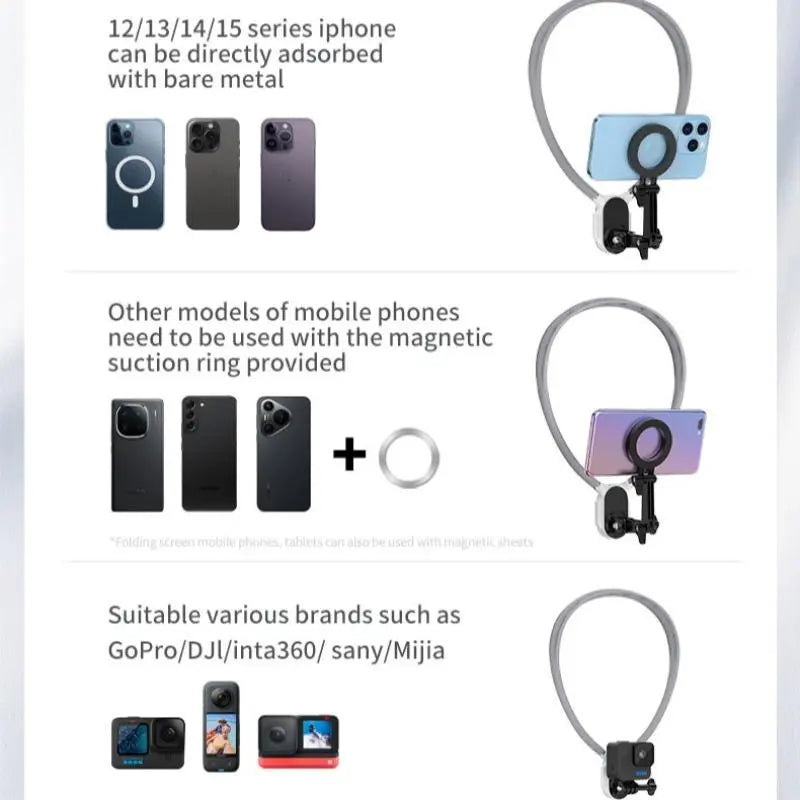 Magnetic Neck Mount, Hands-Free Secure Holder for Phones, Adjustable Cellphone Holder, Suitable for Vlogging, Compatible with Iphone 15/14/13/12 Series, Cell Phone Mount #GLOBAL PICKS