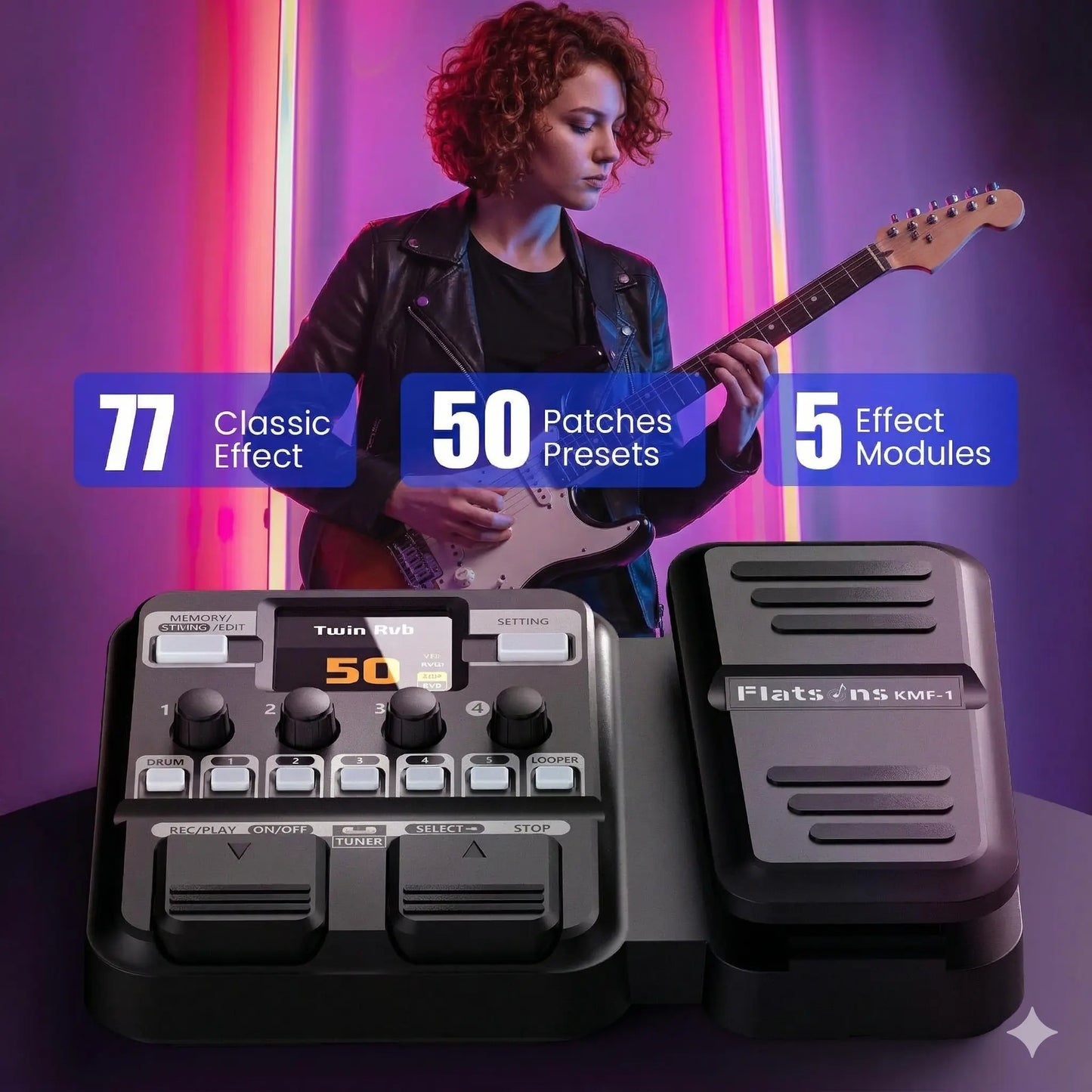 Flatsons-Kmf-1 Guitar Pedal, 77 Effects Guitar Multi Effects Pedal with 50 Preset, 42 Drum Rhythm, 18 Amp/Cab, Upgraded Color Screen, Aux In, Guitar Tuner Looper Expression Wah Volume Distortion Pedal