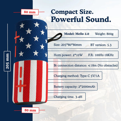 Magnetic Portable Bluetooth Speaker 2-In-1 Wireless Mini Speaker with American Flag Print & IPX5 Waterproof Compact Audio Smartphone Metal