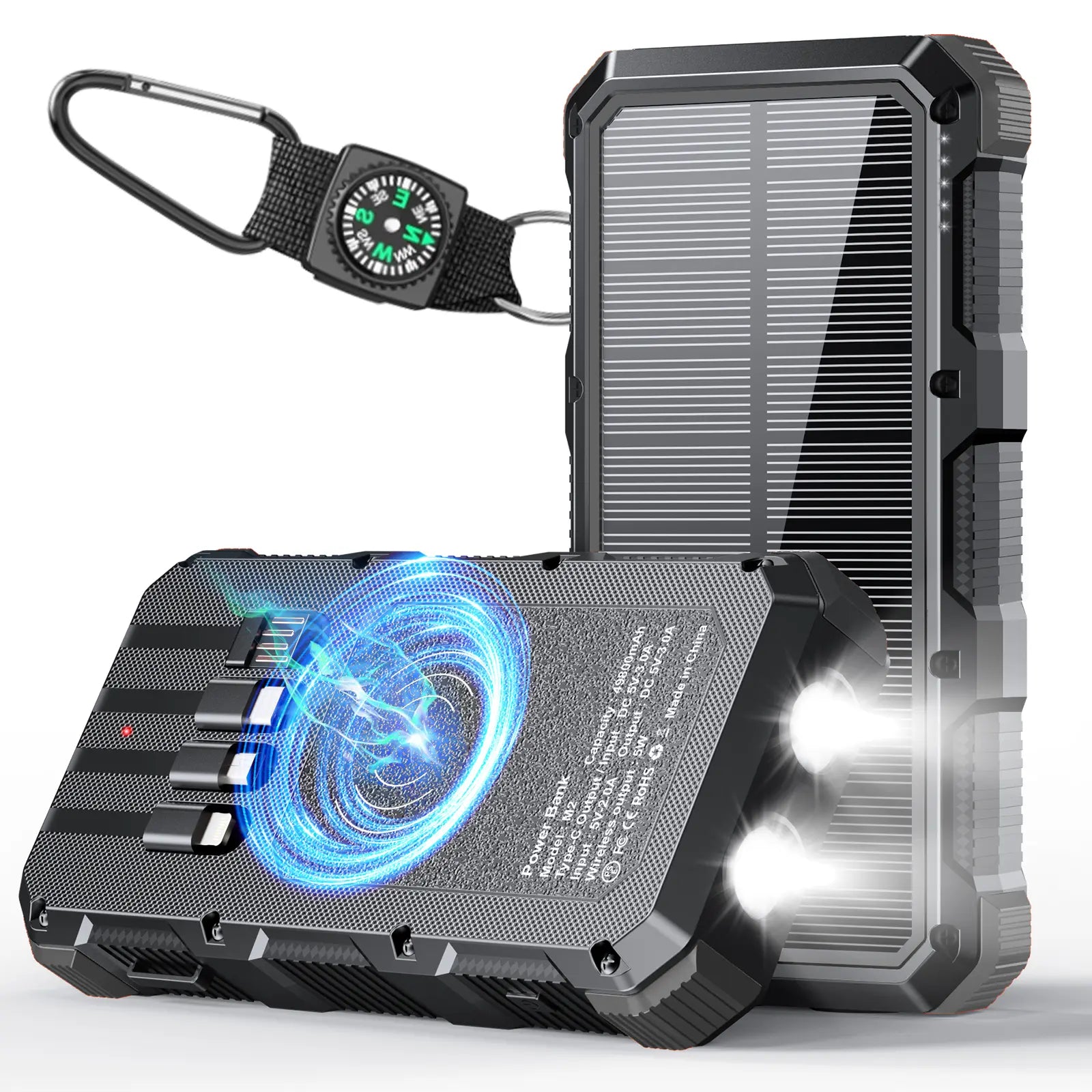 Solar Power Bank 49800Mah Wireless Charger QC Fast Charging Solar Charger Power Bank 8 Outputs 4 Inputs Solar Portable Charger Compatible with All Mobile Devices,Sos/Strobe/Strong Flashlights