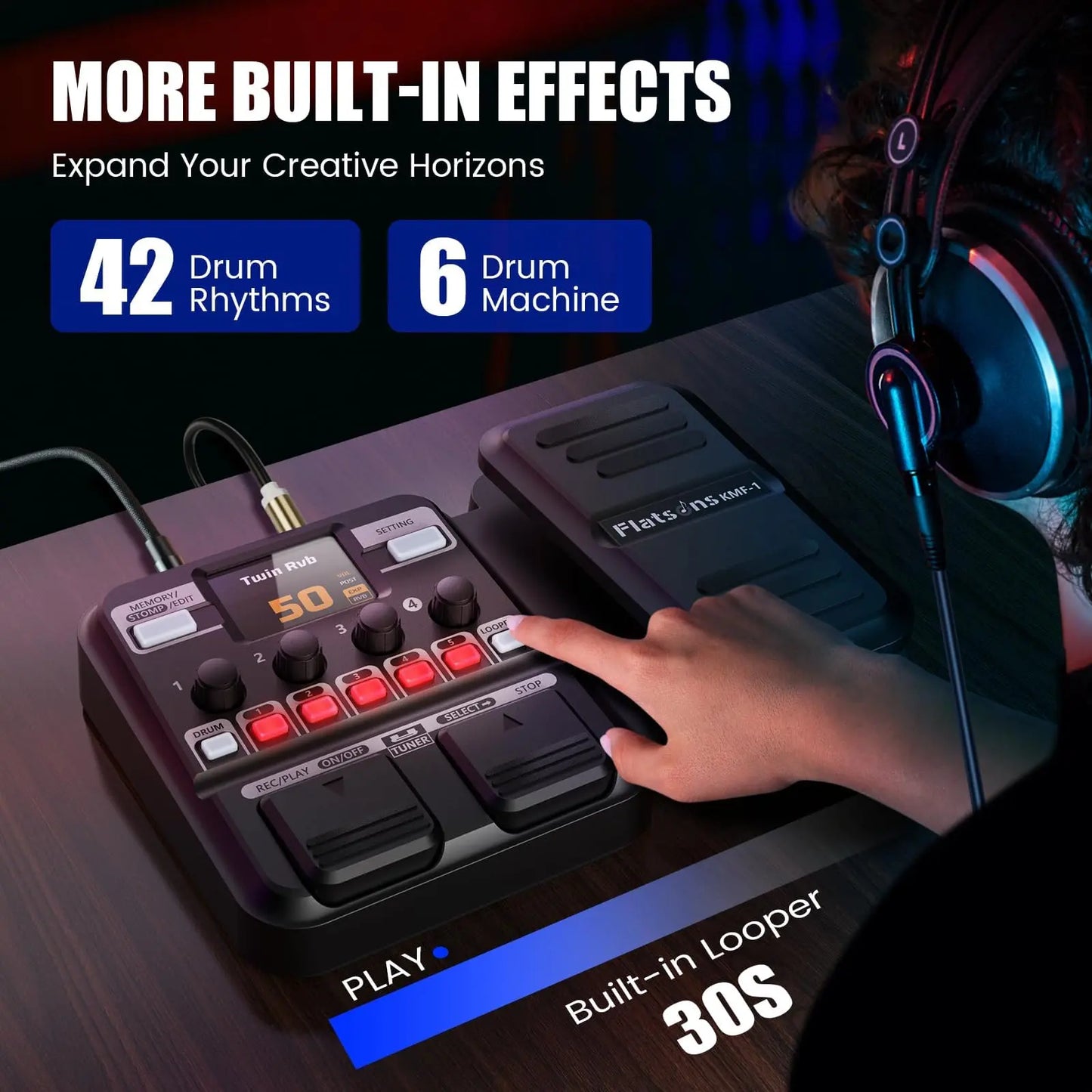 Flatsons-Kmf-1 Guitar Pedal, 77 Effects Guitar Multi Effects Pedal with 50 Preset, 42 Drum Rhythm, 18 Amp/Cab, Upgraded Color Screen, Aux In, Guitar Tuner Looper Expression Wah Volume Distortion Pedal