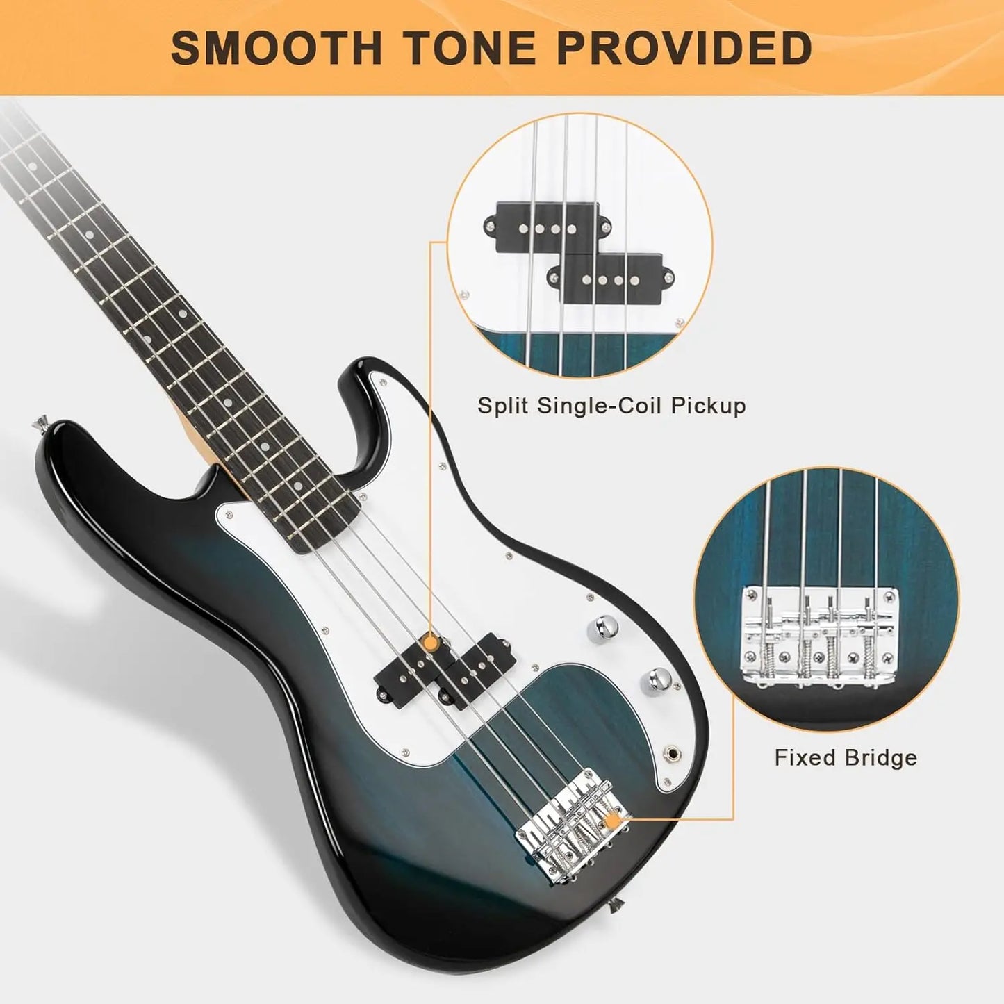 [Summervibes] GLARRY Full Size Electric Bass Guitar with 20W AMP, 4 String Beginner Starter Kit with Accessories Including Cable, Strap, Bag for Kids and Adults