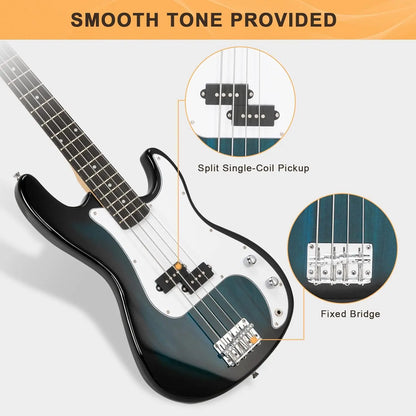 [Summervibes] GLARRY Full Size Electric Bass Guitar with 20W AMP, 4 String Beginner Starter Kit with Accessories Including Cable, Strap, Bag for Kids and Adults