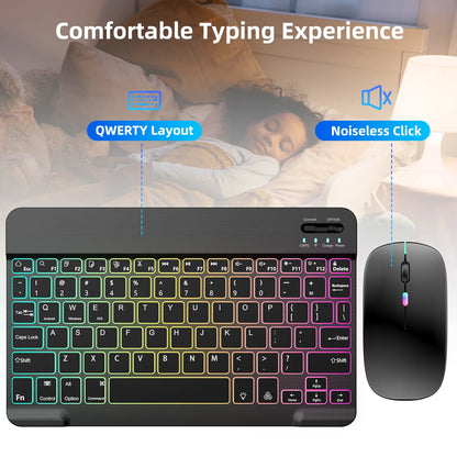 Rechargeable Bluetooth Keyboard and Mouse Combo, Ultra Slim 7-Color Backlit Wireless Set, Dual Mode Bluetooth Mouse, Portable Lightweight Design, Universal Compatibility for Ios, Android, Windows, Tablet, Phone, Home Office Daily Use