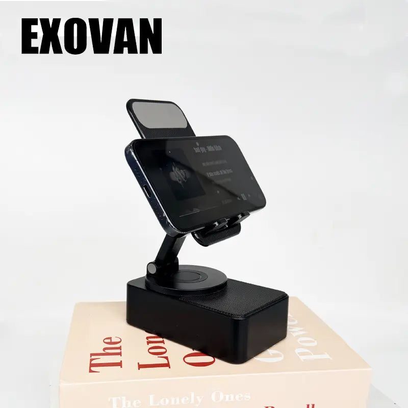 Wireless Audio Bluetooth Speaker 5In1 Phone Holder Emergency Rechargeable Withcolorful Ambient Light 300° Foldable for Tablet Iphone Android, Gifts for Men Women ，Black with LED Nightlight Wireless Induction Bluetooth Speaker Stand