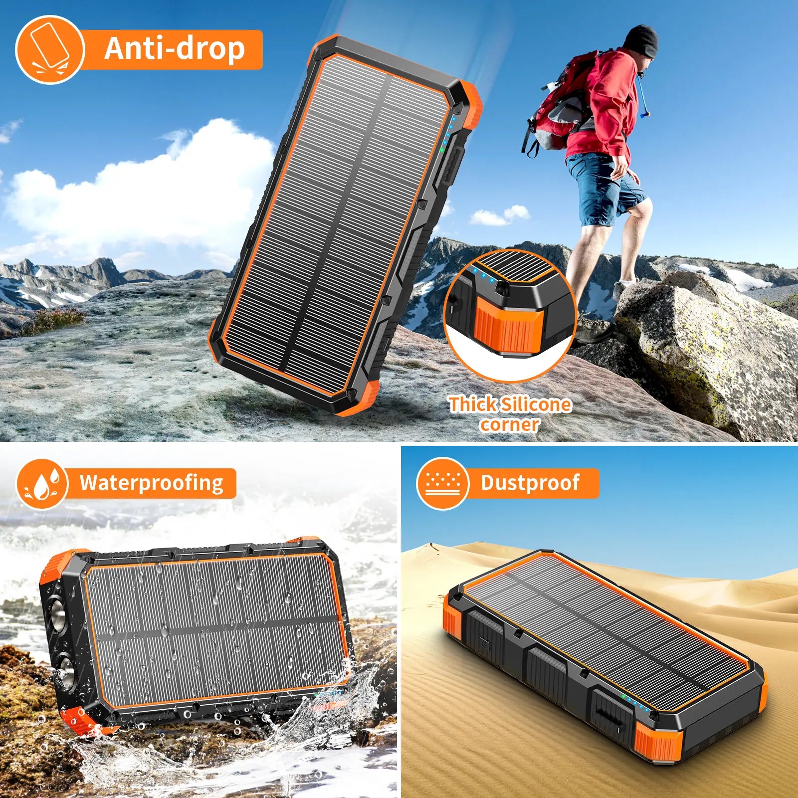 Solar Power Bank 49800Mah Wireless Charger QC Fast Charging Solar Charger Power Bank 8 Outputs 4 Inputs Solar Portable Charger Compatible with All Mobile Devices,Sos/Strobe/Strong Flashlights