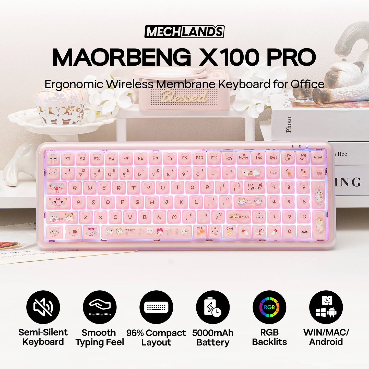 Mechlands X Maorbeng X100 PRO Membrane Keyboard with Number Pad, RGB Backlits, Wireless Computer Keyboard with 5000Mah Battery, BT/2.4G/USB-C Wired, 96% Layout for Windows/Mac/Pc