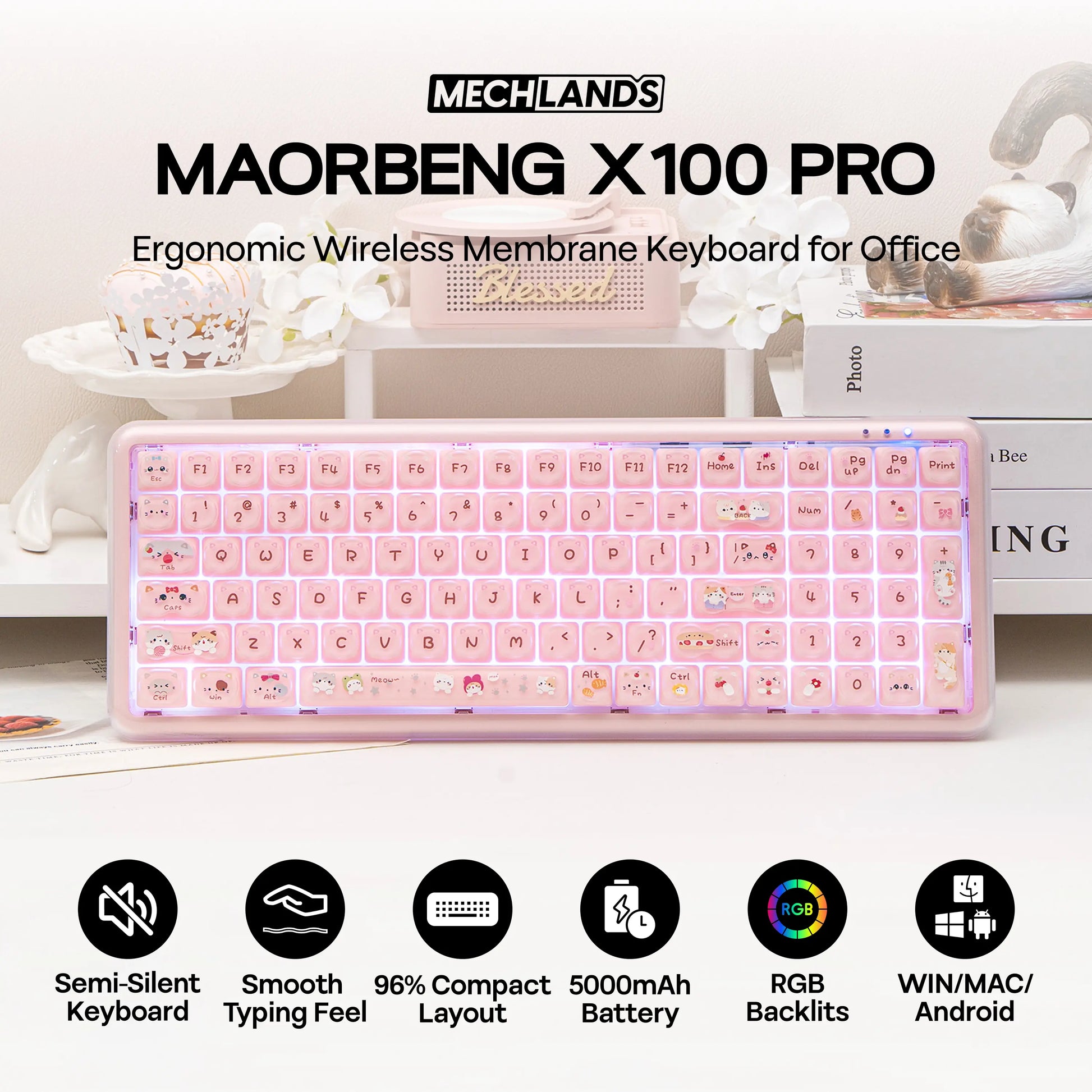 Mechlands X Maorbeng X100 PRO Membrane Keyboard with Number Pad, RGB Backlits, Wireless Computer Keyboard with 5000Mah Battery, BT/2.4G/USB-C Wired, 96% Layout for Windows/Mac/Pc