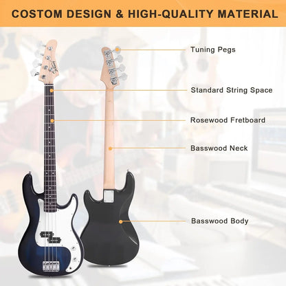 [Summervibes] GLARRY Full Size Electric Bass Guitar with 20W AMP, 4 String Beginner Starter Kit with Accessories Including Cable, Strap, Bag for Kids and Adults