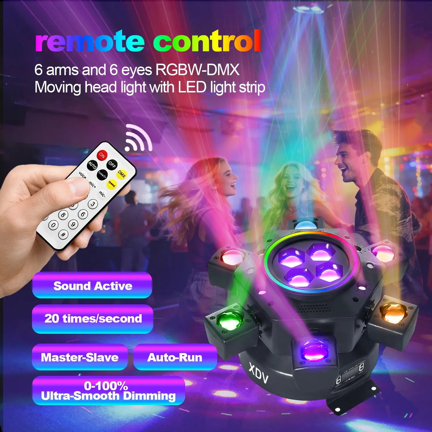 XDV 150W 6 Arms Moving Head DJ Light – RGBW Stage Light with DMX-512 & Sound Active for Parties, Weddings & Events