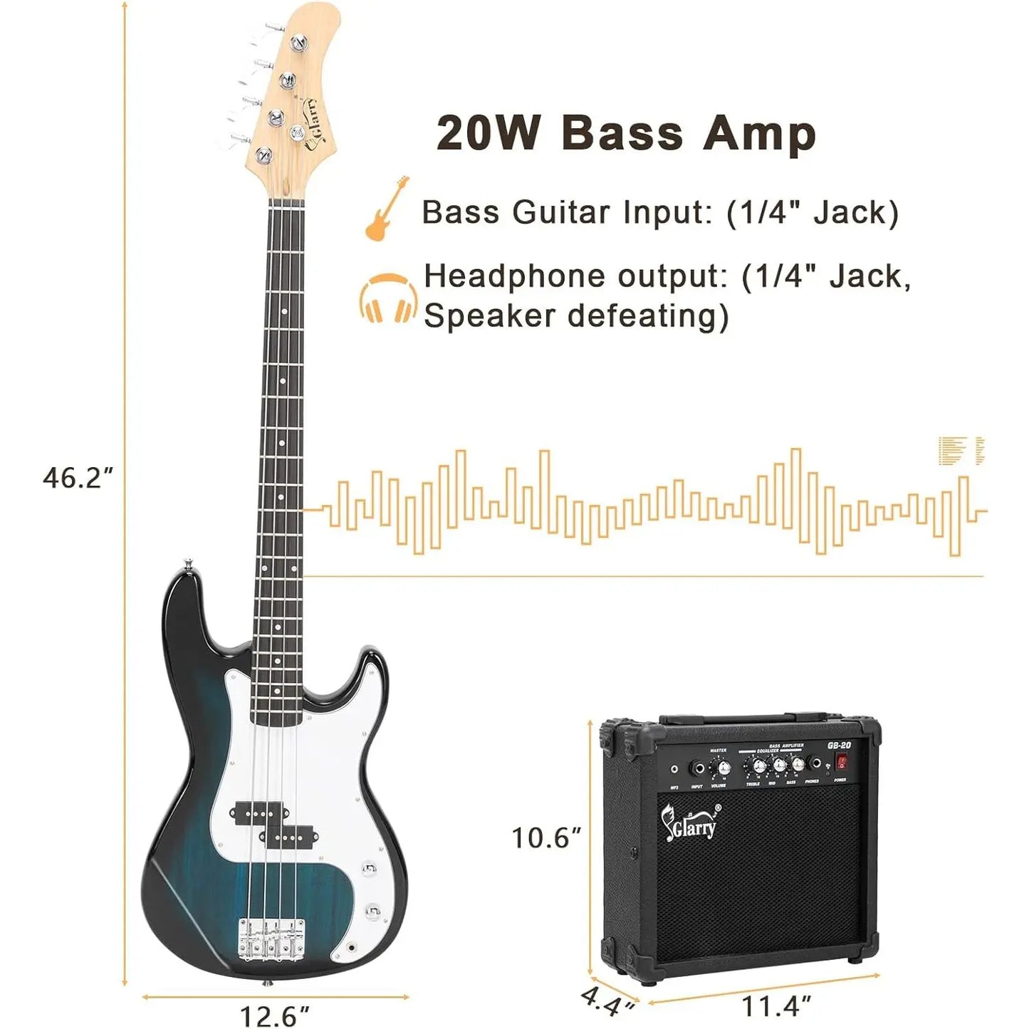 [Summervibes] GLARRY Full Size Electric Bass Guitar with 20W AMP, 4 String Beginner Starter Kit with Accessories Including Cable, Strap, Bag for Kids and Adults