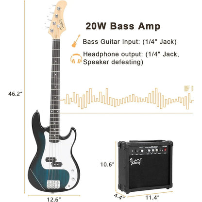 [Summervibes] GLARRY Full Size Electric Bass Guitar with 20W AMP, 4 String Beginner Starter Kit with Accessories Including Cable, Strap, Bag for Kids and Adults