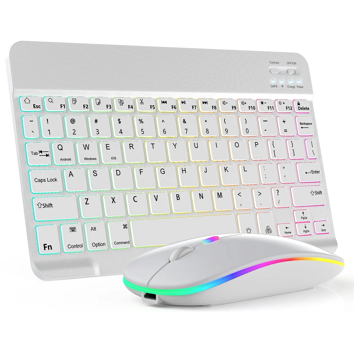 Rechargeable Bluetooth Keyboard and Mouse Combo, Ultra Slim 7-Color Backlit Wireless Set, Dual Mode Bluetooth Mouse, Portable Lightweight Design, Universal Compatibility for Ios, Android, Windows, Tablet, Phone, Home Office Daily Use