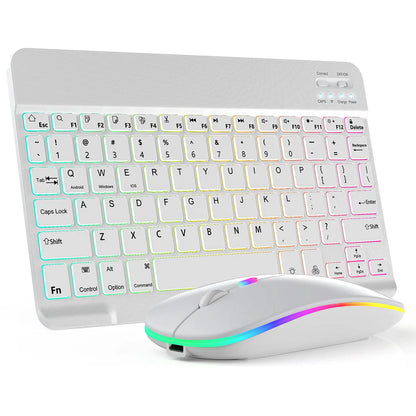 Rechargeable Bluetooth Keyboard and Mouse Combo, Ultra Slim 7-Color Backlit Wireless Set, Dual Mode Bluetooth Mouse, Portable Lightweight Design, Universal Compatibility for Ios, Android, Windows, Tablet, Phone, Home Office Daily Use