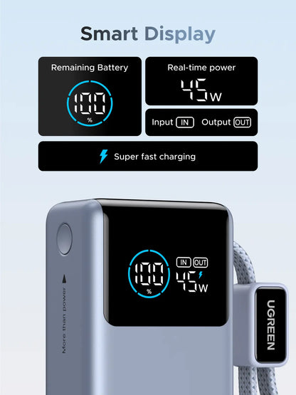 UGREEN Nexode Pro Power Bank 10,000Mah 45W, Compact Portable Charger, Built-In USB-C Cable, PD Super Fast Charging Battery Pack with Digital Display for Iphone 17/16 Pro Max Air/Galaxy S25 Ultra