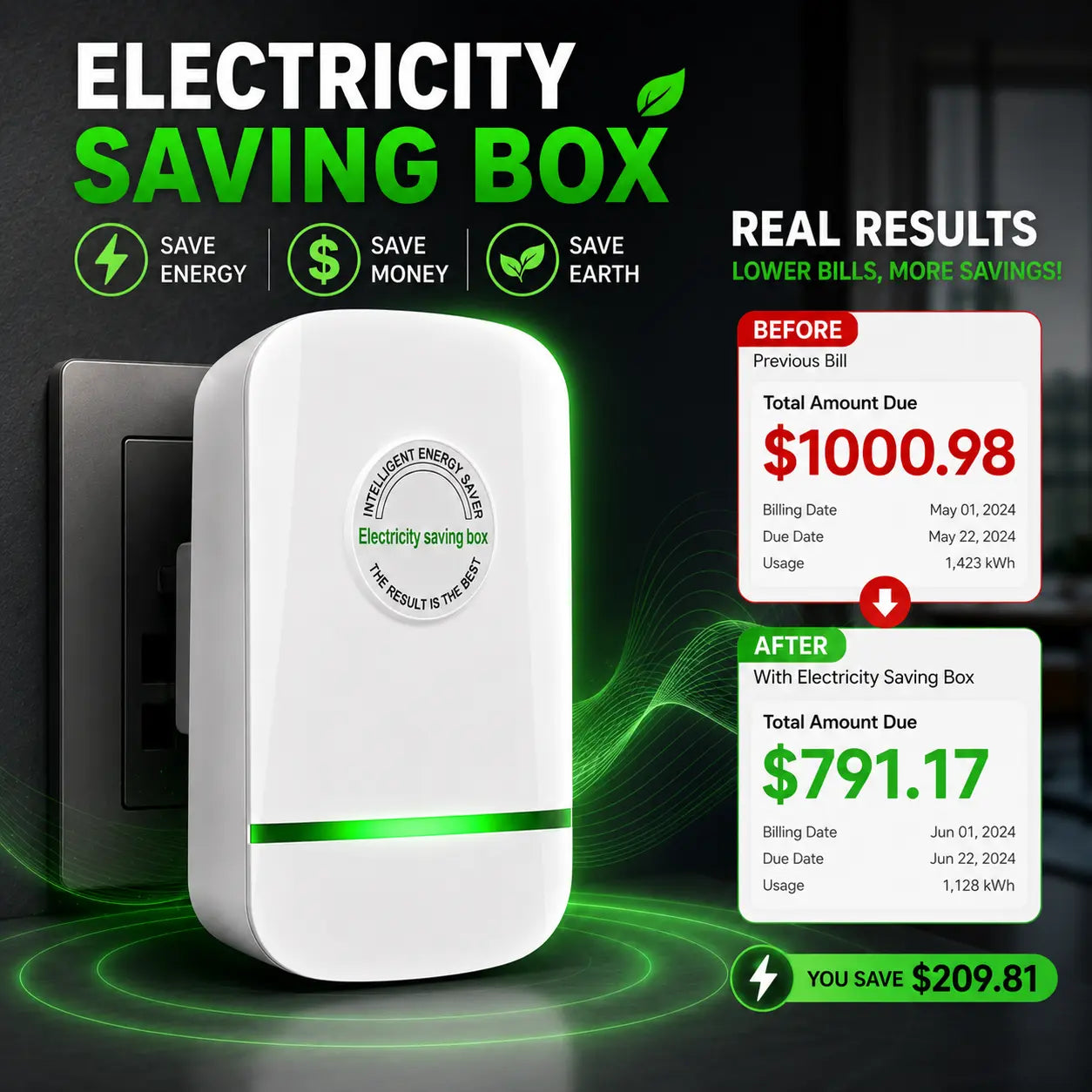Electricity Bill Destroyer Us-Standard Power Saver — Stabilizes Voltage, Protects Equipment — Plug in and Save