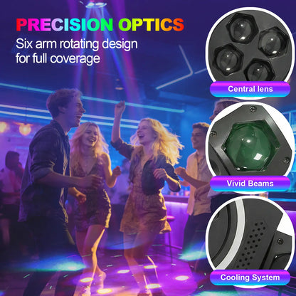 XDV 150W 6 Arms Moving Head DJ Light – RGBW Stage Light with DMX-512 & Sound Active for Parties, Weddings & Events