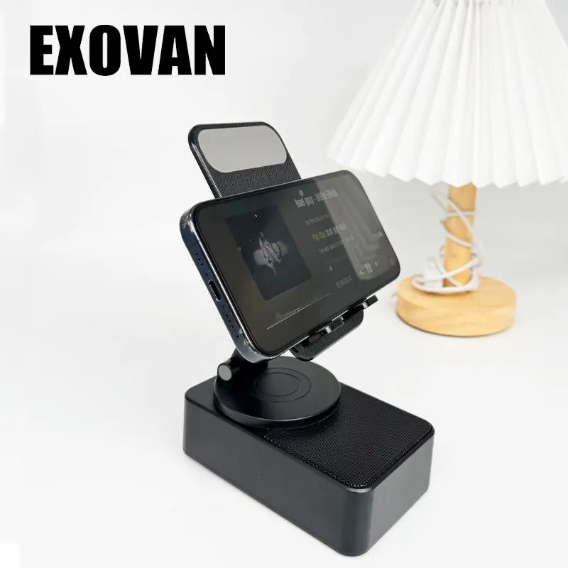 Wireless Audio Bluetooth Speaker 5In1 Phone Holder Emergency Rechargeable Withcolorful Ambient Light 300° Foldable for Tablet Iphone Android, Gifts for Men Women ，Black