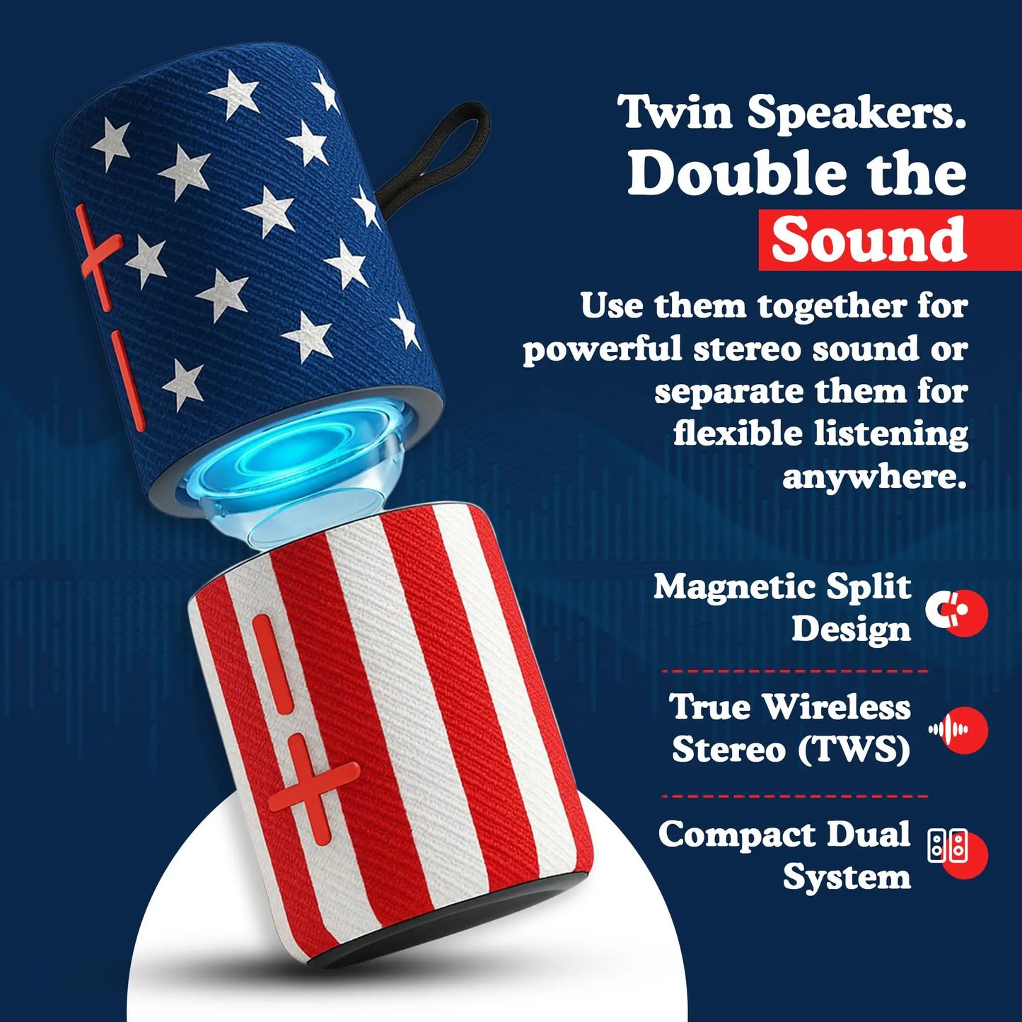 Magnetic Portable Bluetooth Speaker 2-In-1 Wireless Mini Speaker with American Flag Print & IPX5 Waterproof Compact Audio Smartphone Metal