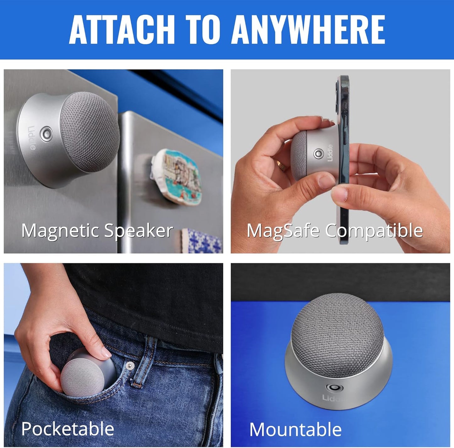 Magnetic Liddle Speaker Silver, Bluetooth 5.1, 3W, 6Hrs Battery, Magsafe Compatible, Wall Mount, Water Resistant, Best of CES 2022 Award
