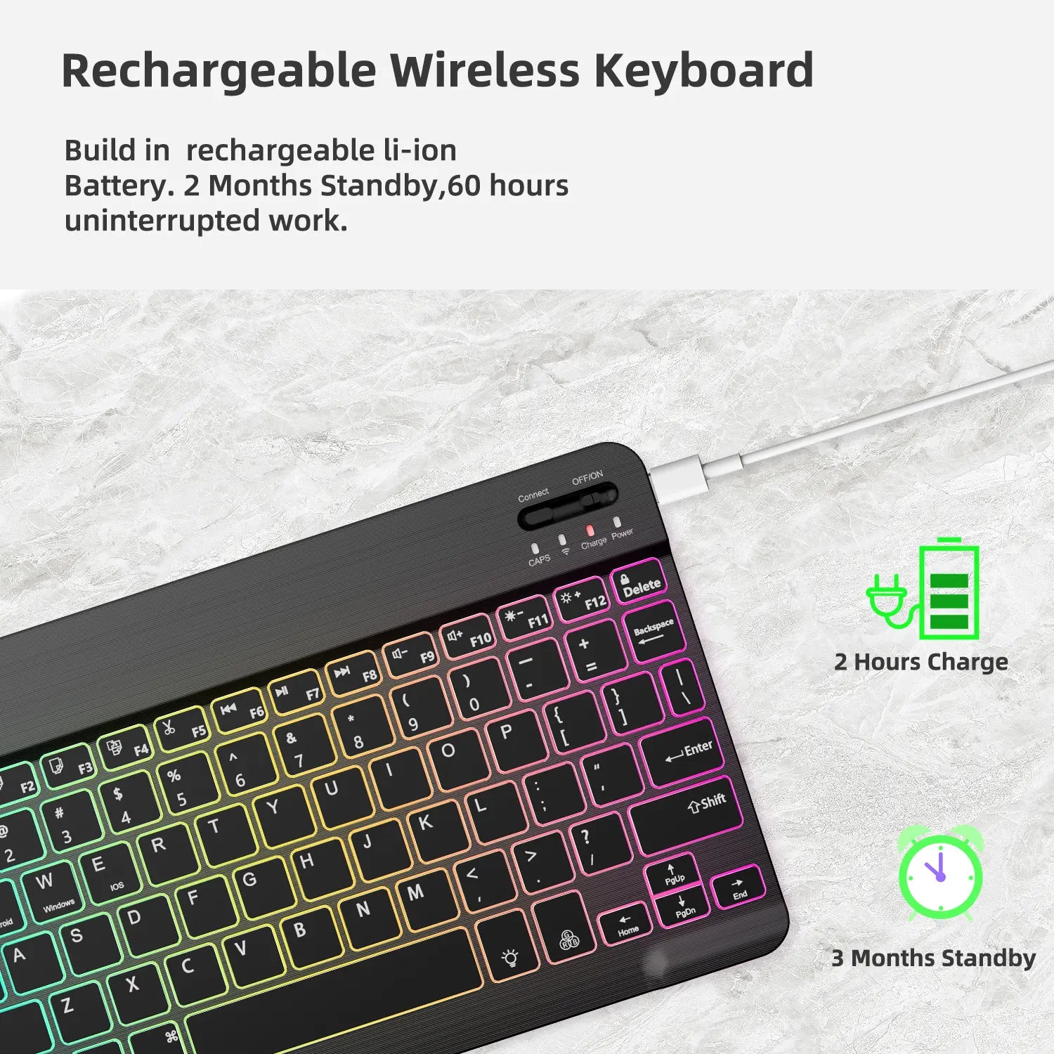 Rechargeable Bluetooth Keyboard and Mouse Combo, Ultra Slim 7-Color Backlit Wireless Set, Dual Mode Bluetooth Mouse, Portable Lightweight Design, Universal Compatibility for Ios, Android, Windows, Tablet, Phone, Home Office Daily Use
