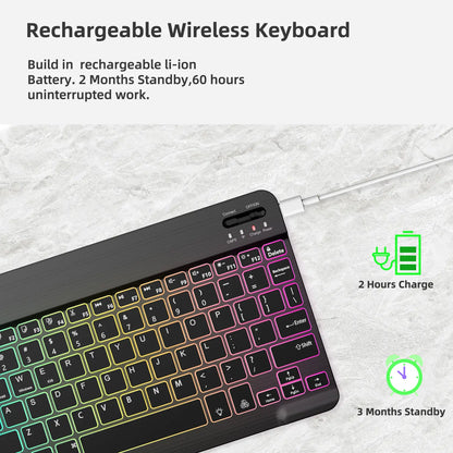 Rechargeable Bluetooth Keyboard and Mouse Combo, Ultra Slim 7-Color Backlit Wireless Set, Dual Mode Bluetooth Mouse, Portable Lightweight Design, Universal Compatibility for Ios, Android, Windows, Tablet, Phone, Home Office Daily Use