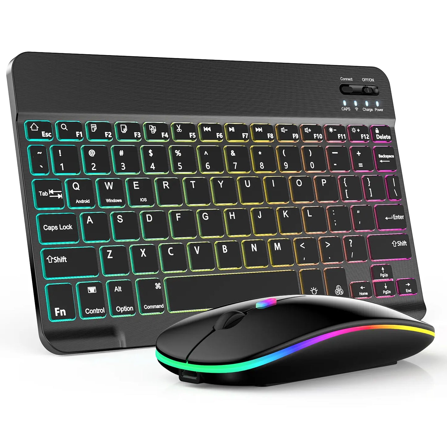 Rechargeable Bluetooth Keyboard and Mouse Combo, Ultra Slim 7-Color Backlit Wireless Set, Dual Mode Bluetooth Mouse, Portable Lightweight Design, Universal Compatibility for Ios, Android, Windows, Tablet, Phone, Home Office Daily Use