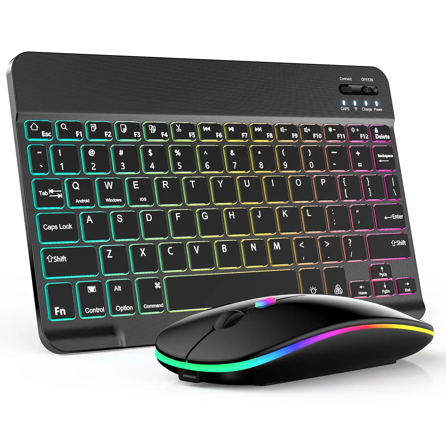 Rechargeable Bluetooth Keyboard and Mouse Combo, Ultra Slim 7-Color Backlit Wireless Set, Dual Mode Bluetooth Mouse, Portable Lightweight Design, Universal Compatibility for Ios, Android, Windows, Tablet, Phone, Home Office Daily Use