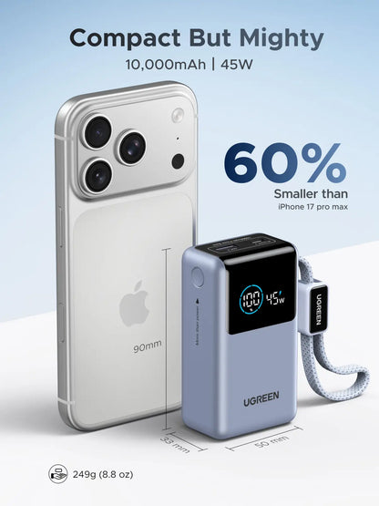 UGREEN Nexode Pro Power Bank 10,000Mah 45W, Compact Portable Charger, Built-In USB-C Cable, PD Super Fast Charging Battery Pack with Digital Display for Iphone 17/16 Pro Max Air/Galaxy S25 Ultra