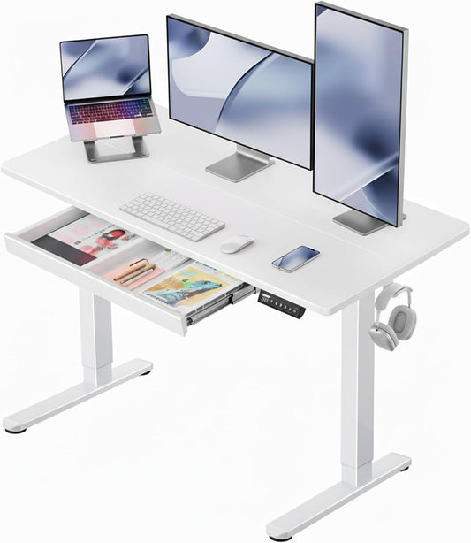 48 X 24 Inch Electric Standing Desk Adjustable Height with Drawers, 4 Memory Height Settings, Sit Stand up Desk for Home Office & Computer Workstation, White